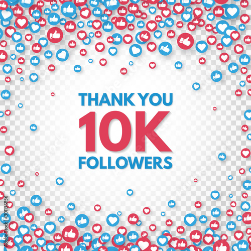 Thank you 10k followers background. Social media concept. 10000 followers celebration banner. Like and thumbs up. Achievement poster. Counter notification icons. Vector illustration