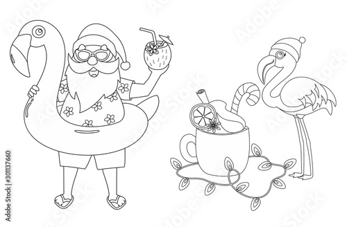 Coloring page. Santa Claus with flamingo inflatable ring and cute flamingo with cocktail isolated on white background. Vector illustration.