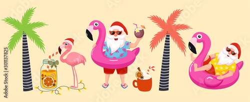 Tropical Christmas. Funny tropical collection of images with santa, flamingo, palm tree and flamingo inflatable ring. Vector illustrations.