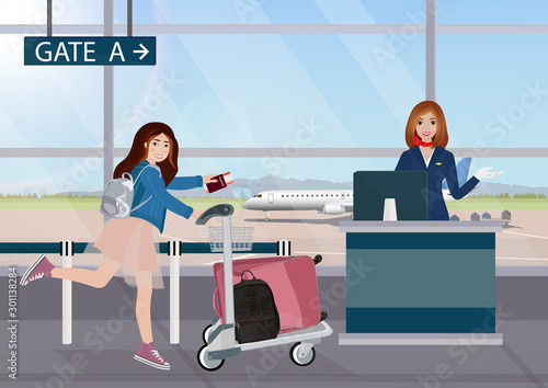 Airport interior and running girl with suitcase. Girl attendant behind the check-in counter, last call boarding concept. Vector illustration.
