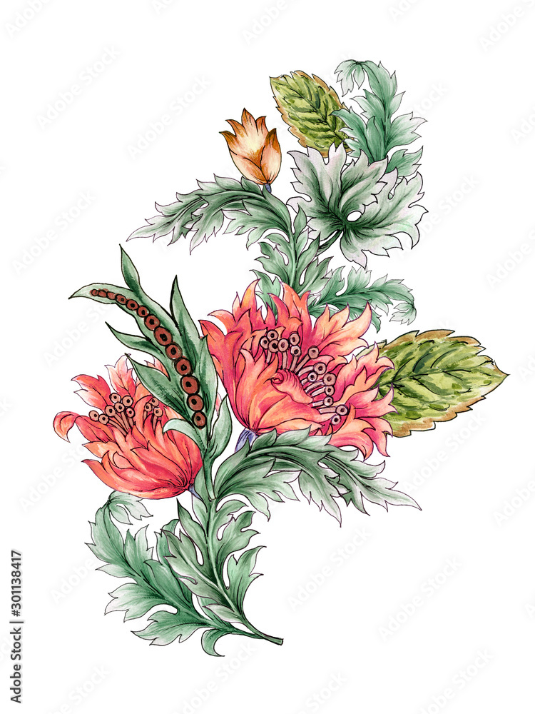 Set of decorative Tulip floral leaves Jacobean style bouquet elements on white Background