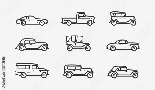 Retro car icon set. Transport, transportation symbol in linear style. Vintage vector