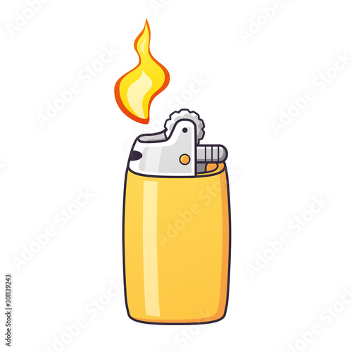 Yellow lighter with flame isolated