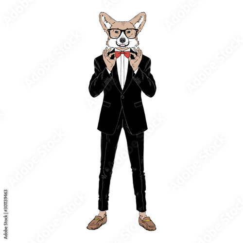 Humanized Welsh Corgi breed dog dressed up in classy outfits. Design for dogs lovers. Fashion anthropomorphic doggy illustration. Animal wear tuxedo, tie bow, glasses. Hand drawn vector.