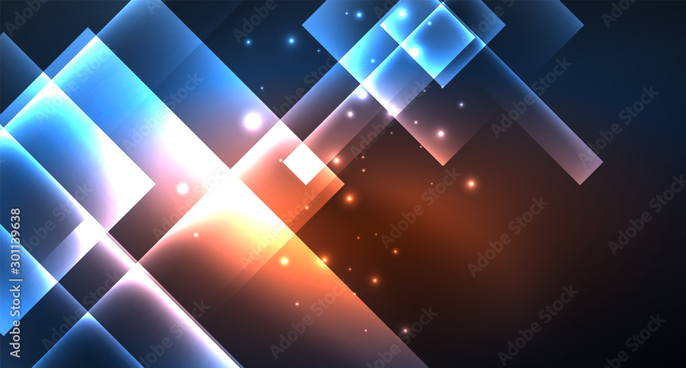 Obraz premium Neon glowing techno square rectangle lines, blue hi-tech futuristic abstract background