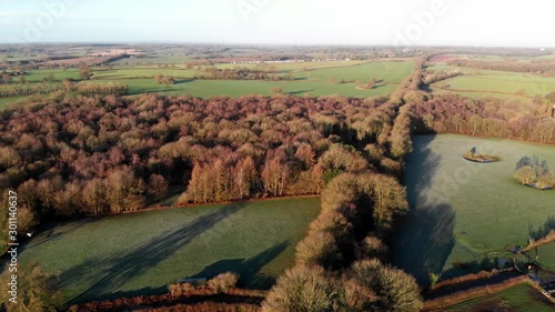 English Winter Woodland Forest, Drone Aerial View, Sunny Warwickshire Countryside, Flying Left To Right.