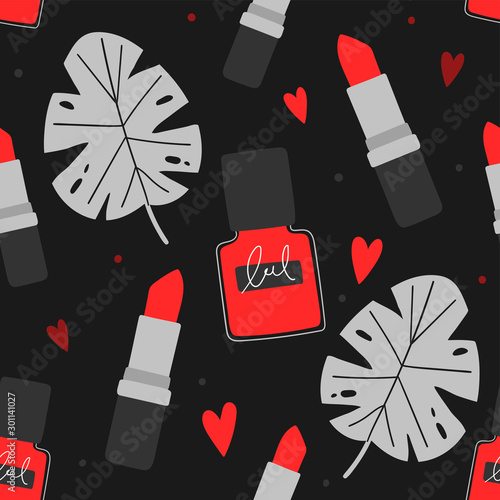 Cosmetics seamless pattern with tropical leaves for print, textile, fabric. Female background with pomade and nail polish.