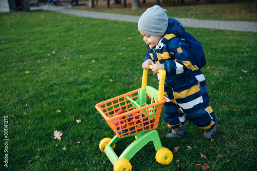 Little lovely boy on a walk with a pram and toys in his hands, an emotional portrait, a happy kid walking on an autumn day