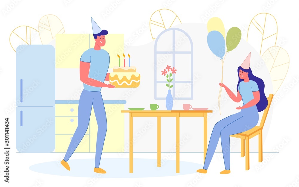 Fototapeta premium Happy Couple Celebrating Birthday at Home, Party