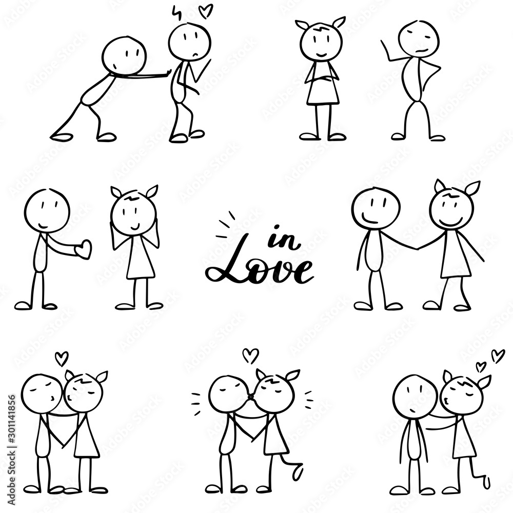 Stick figures set. Falling in love and loving each other, kissing