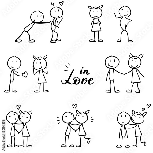 Stick figures set. Falling in love and loving each other, kissing couples. Stick men collection for prints or presentation. Simple hand drawn outline characters in black and white.