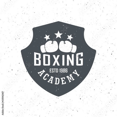 Black and white boxing academy logo illustration with grunge texture. Shield, boxing gloves, stars with text on a white background with texture