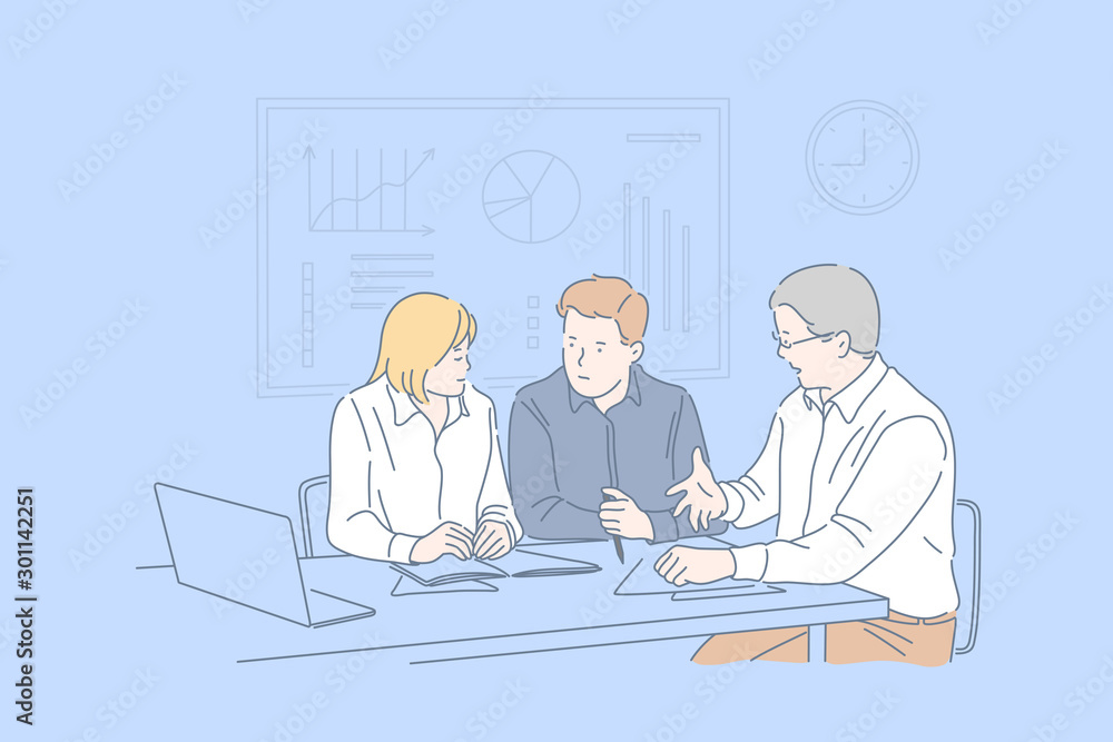Office meeting, business session, cooperation, teamwork concept. Planning work together, businesspeople, colleagues discussing question, coworkers making common decision. Simple flat vector - obrazy, fototapety, plakaty 