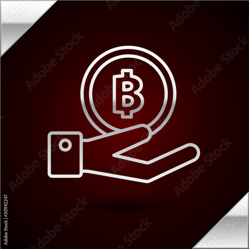 Silver line Hand holding Bitcoin icon isolated on dark red background. Blockchain technology, digital money market, cryptocoin wallet. Vector Illustration