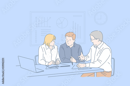 Office meeting, business session, cooperation, teamwork concept. Planning work together, businesspeople, colleagues discussing question, coworkers making common decision. Simple flat vector