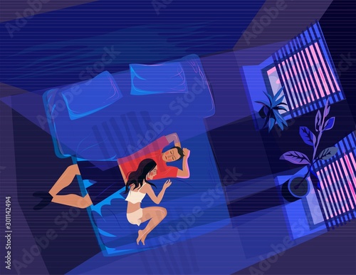 two are lying on the couch. night. empty apartment. love. vector illustration