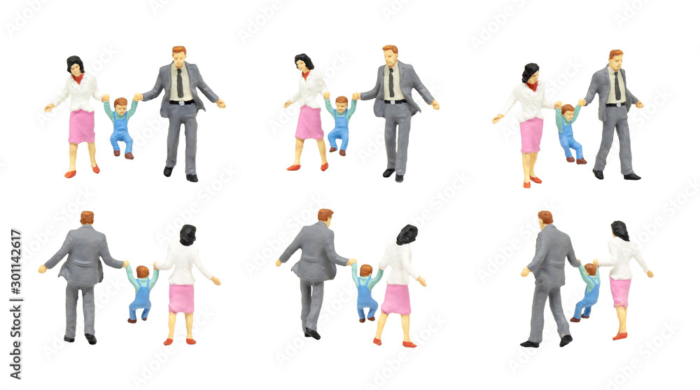 Miniature people figure character as family in feeling happiness isolated on white background.