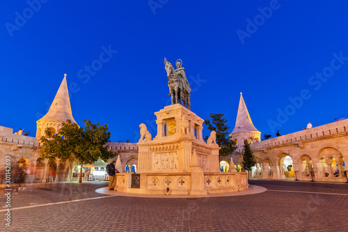 Budapest, Hungary - October 01, 2019: King Saint Stephen's (Szent István szobra) bornze equestrian statue in Budapest, Hungary. The Statue Was Unveiled In 1906 After Being Created By Alajos Str. photo