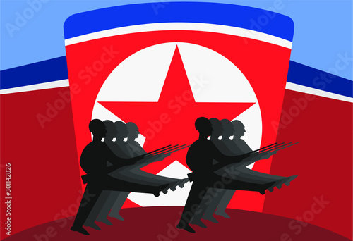 Silhouettes of marching soldiers in a parade on the background of the flag of North Korea DPRK.