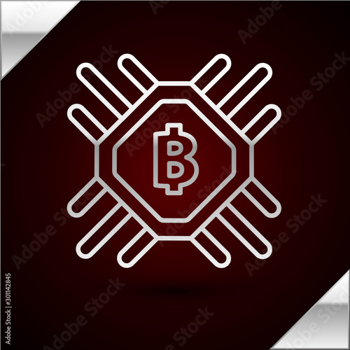 Silver line CPU mining farm icon isolated on dark red background. Bitcoin sign inside processor. Cryptocurrency mining community. Digital money. Vector Illustration
