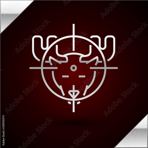 Silver line Hunt on moose with crosshairs icon isolated on dark red background. Hunting club logo with moose and target. Rifle lens aiming a moose. Vector Illustration