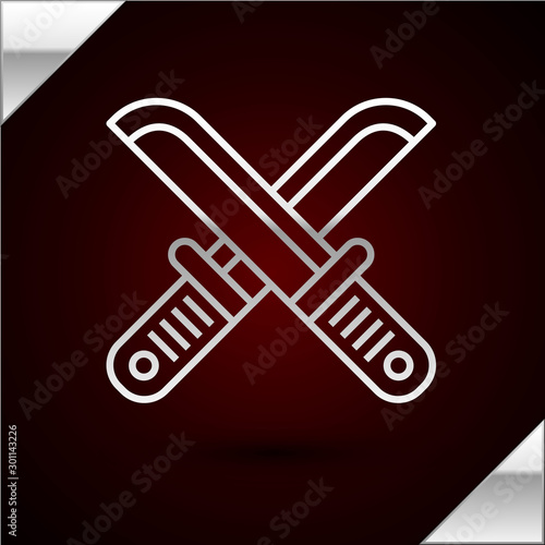 Silver line Crossed hunter knife icon isolated on dark red background. Army knife. Vector Illustration