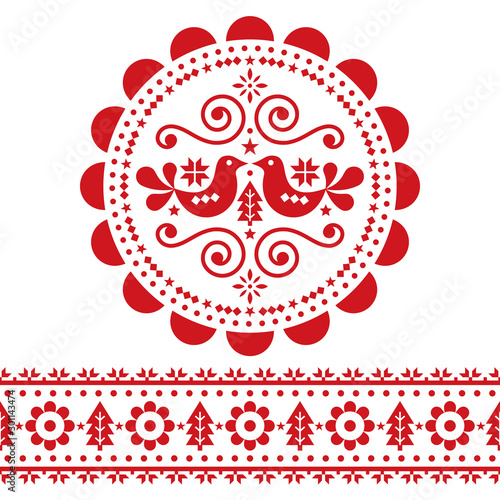 Christmas Scandinavian folk vector design pattern set - round and seamless festive design, cute floral ornament with birds and snowflakes in red on white background