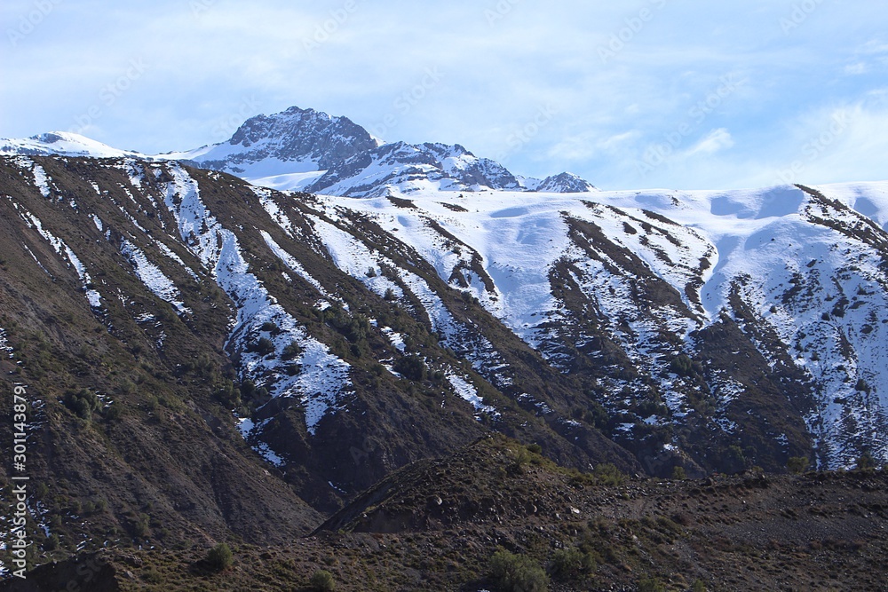 snowy mountain and valley in Andes of Chile