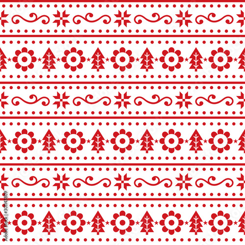 Christmas Scandinavain folk art vector seamless pattern, Nordic festive design with snowflakes, flowers, Xmas trees in red on white background