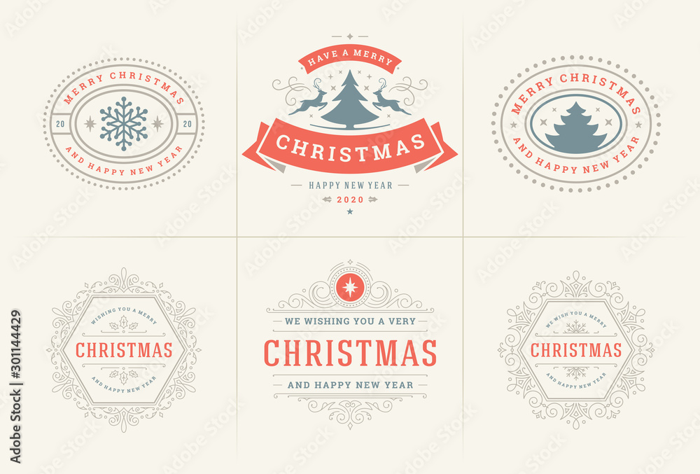 Christmas vector ornate labels and badges set, happy new year and winter holidays wishes typography for greeting cards