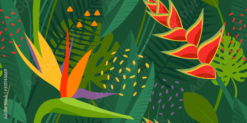 Vector abstract seamless tropical floral pattern and background. Colors green, yellow, orange. Exotic flowers monstera, strelitzia, palm, plants, leaves, jungle.