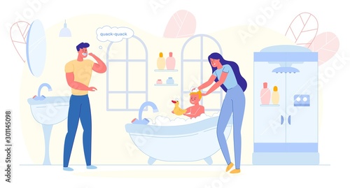 Son Having Bath with Duck, Mother Washing Child.