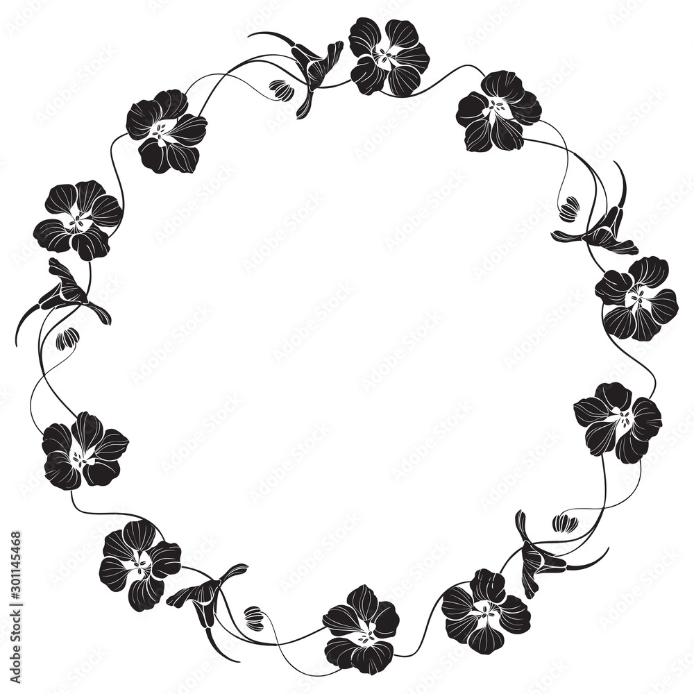 Fototapeta premium Floral round frame with nasturtium and space for text. Vector illustration on white. Invitation, greeting card or an element for your design. Silhouette.