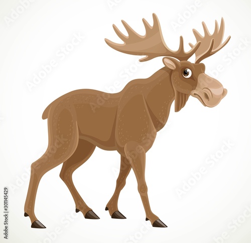 Cute cartoon moose with big horns isolated on a white background
