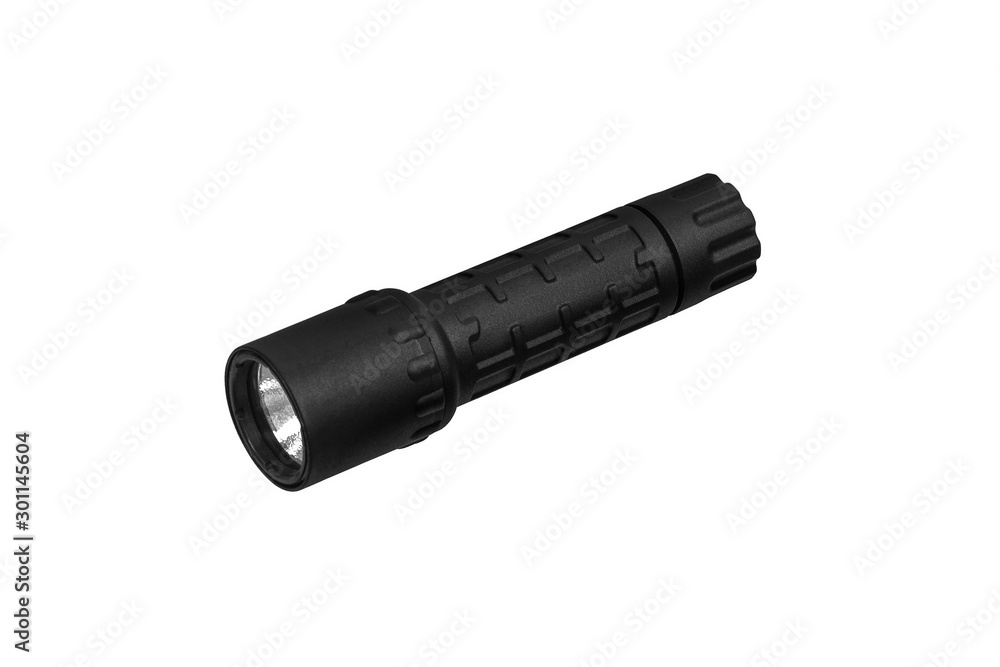modern black metal flashlight isolated on white modern black metal flashlight isolated on white