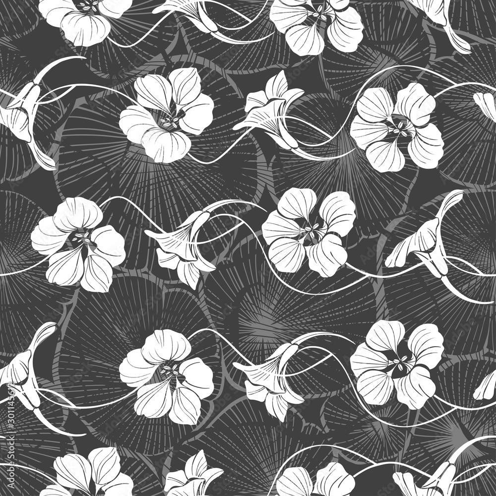 Obraz premium Seamless pattern with nasturtium. Monochrome vector illustration.Floral silhouettes on a gray texture background.