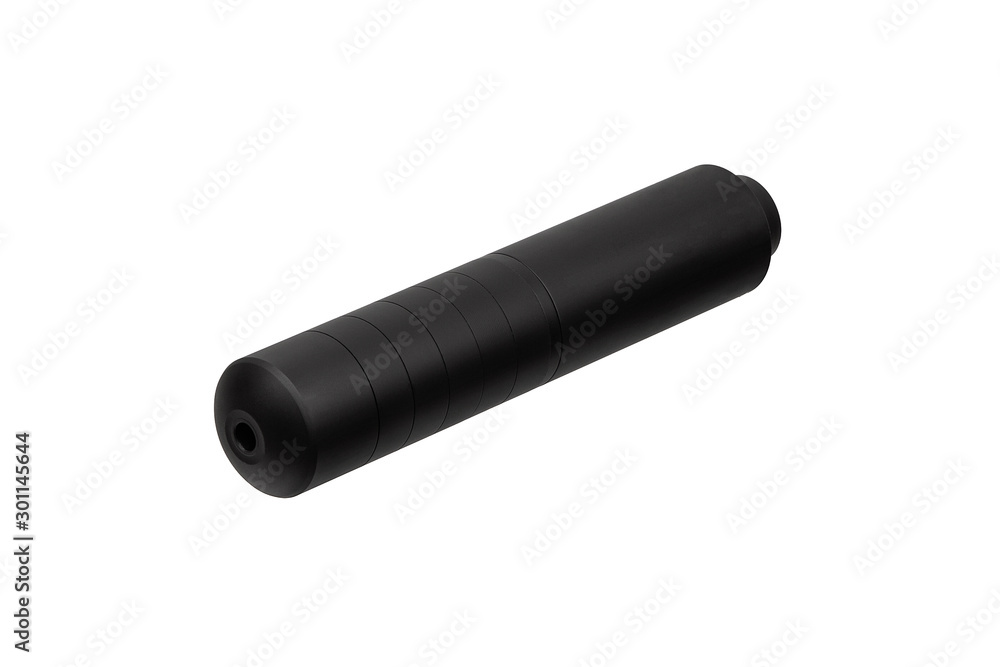 Black silencer for weapons. Suppressor that is at the end of an assault rifle. Black silencer for weapons. Suppressor that is at the end of an assault rifle.
