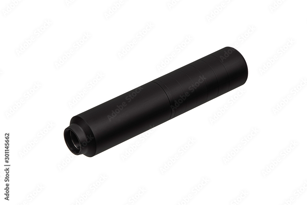 Black silencer for weapons. Suppressor that is at the end of an assault rifle. Black silencer for weapons. Suppressor that is at the end of an assault rifle.