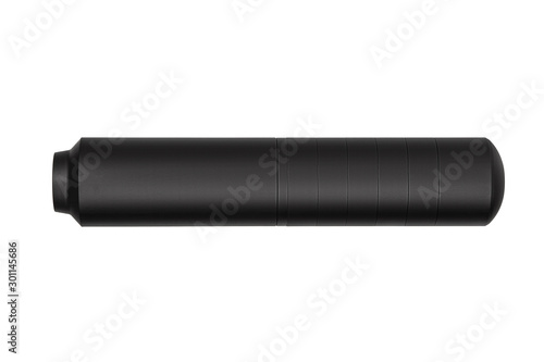 Black silencer for weapons. Suppressor that is at the end of an assault rifle.