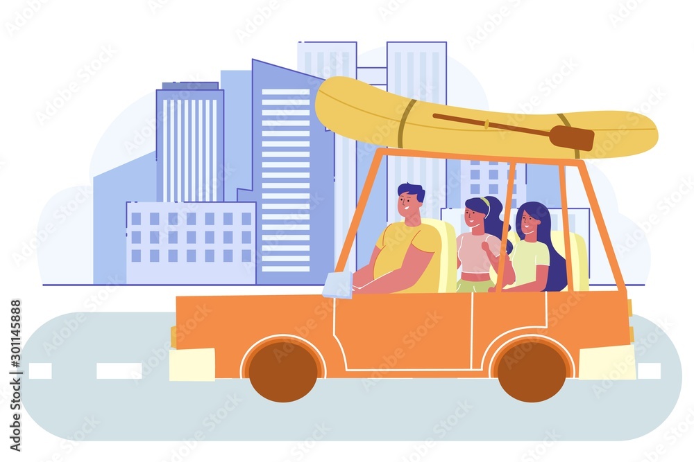 Naklejka premium Man Driving Car with Two Girls with Boat on Roof.