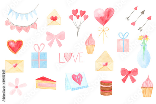 Lovely Valentine's day clip art set. Watercolor hand drawn isolated elements on white background. Pink, blue soft colours. Perfect for wrapping papper, covers, wedding invitation design. 