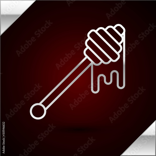 Silver line Honey dipper stick with dripping honey icon isolated on dark red background. Honey ladle. Vector Illustration