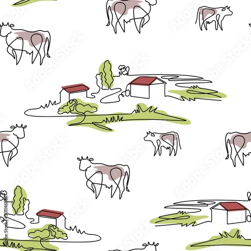 Seamless pattern with cows and village houses. Cow drawn in one line. Farm animal.