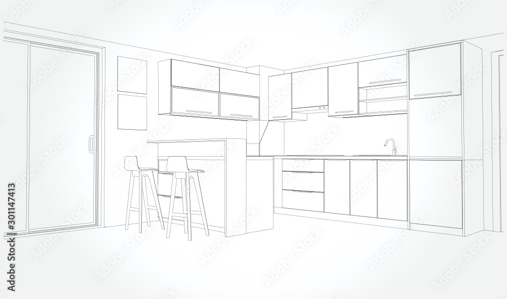 Linear sketch of an interior. Sketch Line dining room . Vector ...