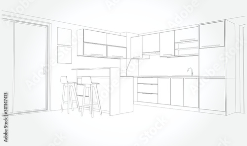 Linear sketch of an interior. Sketch Line dining room . Vector illustration.outline sketch drawing perspective of a interior space