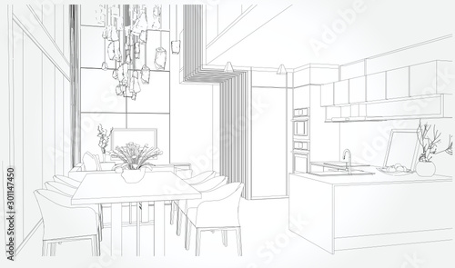 Linear sketch of an interior. Sketch Line dining room . Vector illustration.outline sketch drawing perspective of a interior space