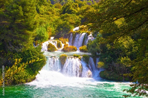 Beautiful landscape with waterfalls. Waterfalls in Krka National Park  Dalmatia  Croatia.