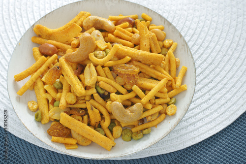 Bombay mix a spicy Indian snack of noodles nuts and peas