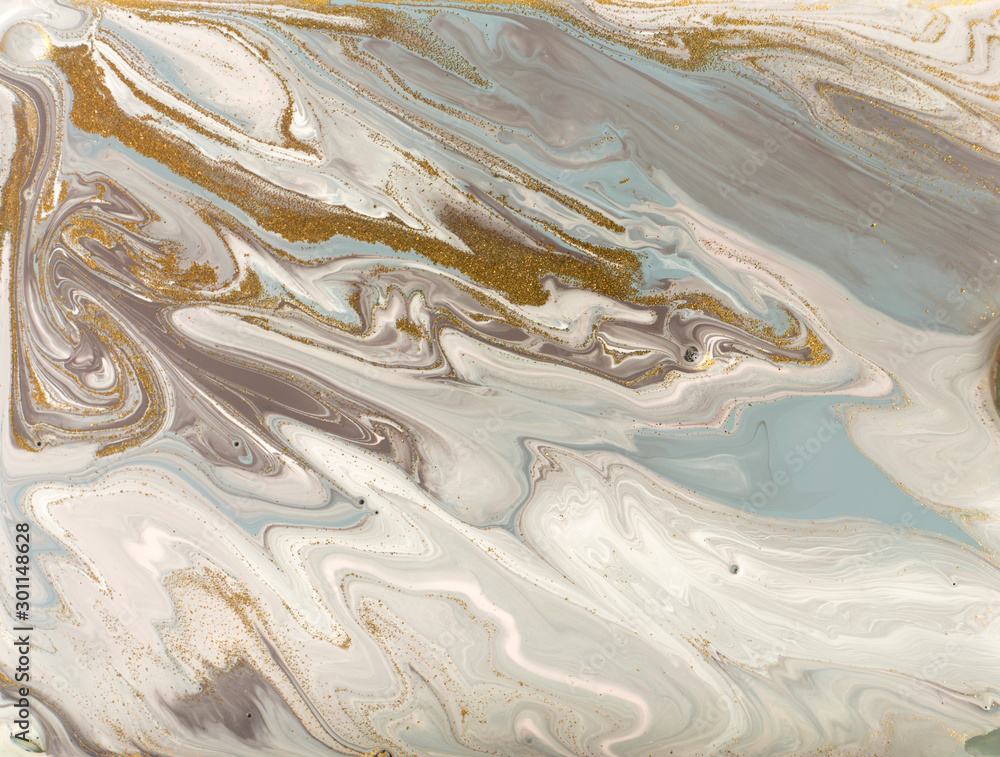 Obraz premium Pastel marble pattern with golden glitter. Abstract liquid background