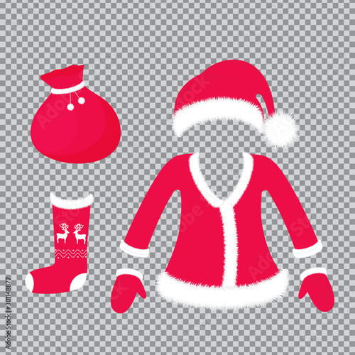 Santa Claus outfit and accessories - hat with fluffy pom pom, suit, mittens, sock with deer, bag with gifts. New Year and Christmas decoration isolated on transparent background